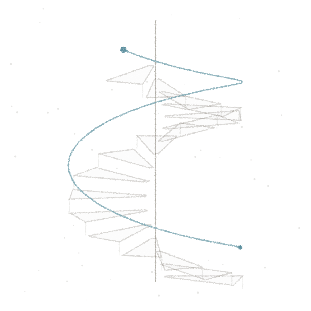 A line drawing of a spiral staircase winding upward around a column